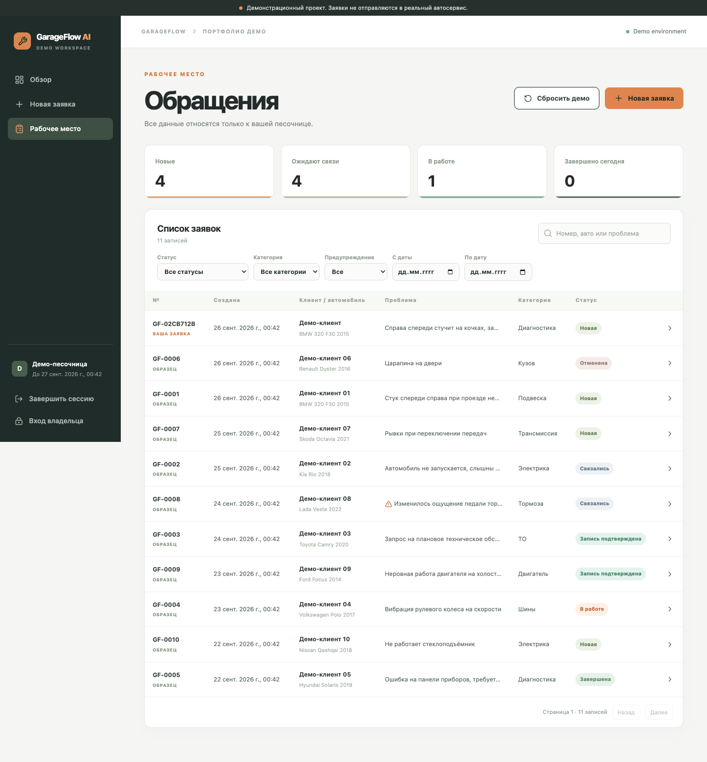 Очередь обращений GarageFlow AI с поиском, фильтрами и статусами